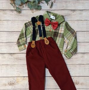 Toddler Boy Long Sleeve Plaid Shirt Suspenders Pant Set with Bow Tie